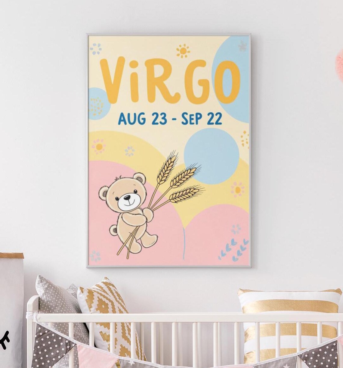 Virgo Zodiac Nursery Print Teddy Bear With Wheat Kids Room Star Sign