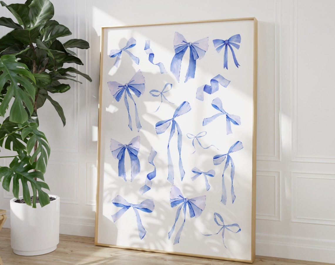 Blue Bow Collage Watercolor Poster Coquette Ribbon Preppy Decor Art - Image 3