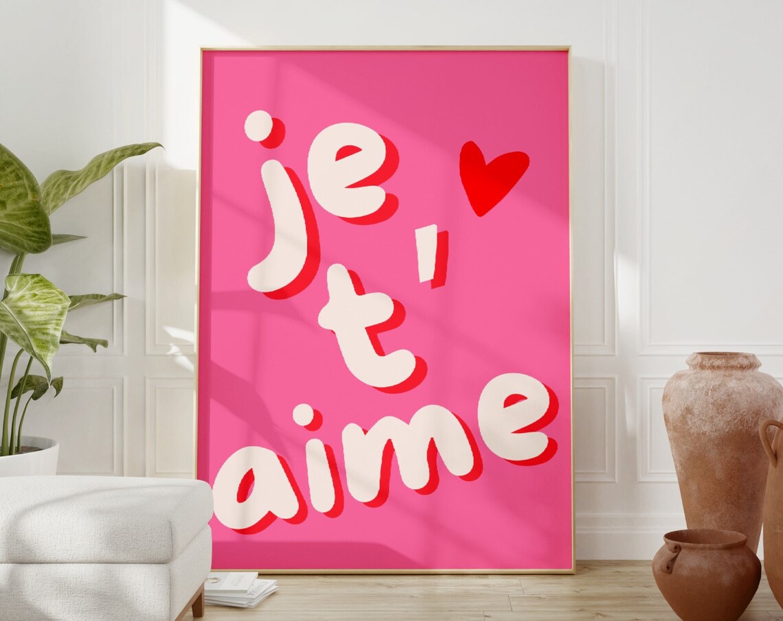 Je Taime French I Love You Hot Pink Bubble Typography Poster