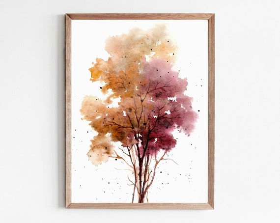 Fall Tree Art Print Wall Watercolor Painting Decor Orange Purple Abstract Autumn Landscape
