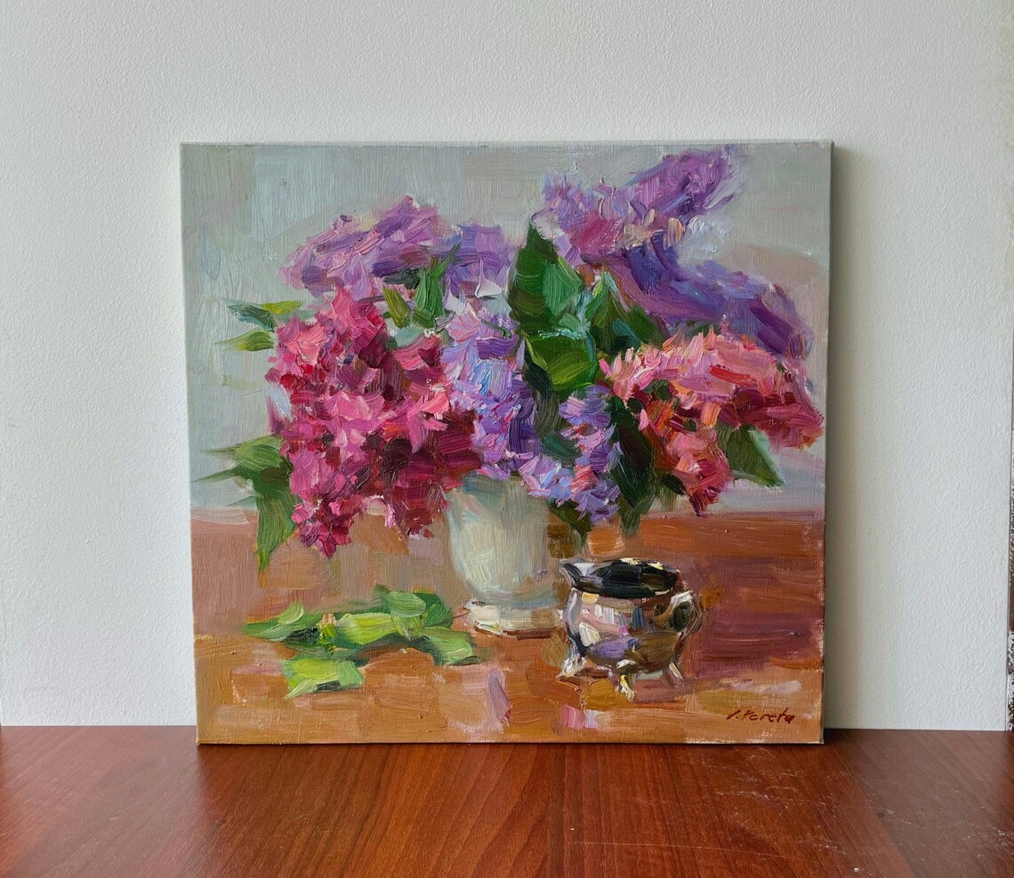Pink Purple Lilac Bouquet White Vase Impressionist Oil Painting Floral