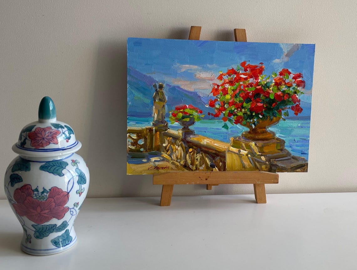 Mediterranean Terrace Red Geraniums Sea View Oil Painting Coastal Art - Image 4