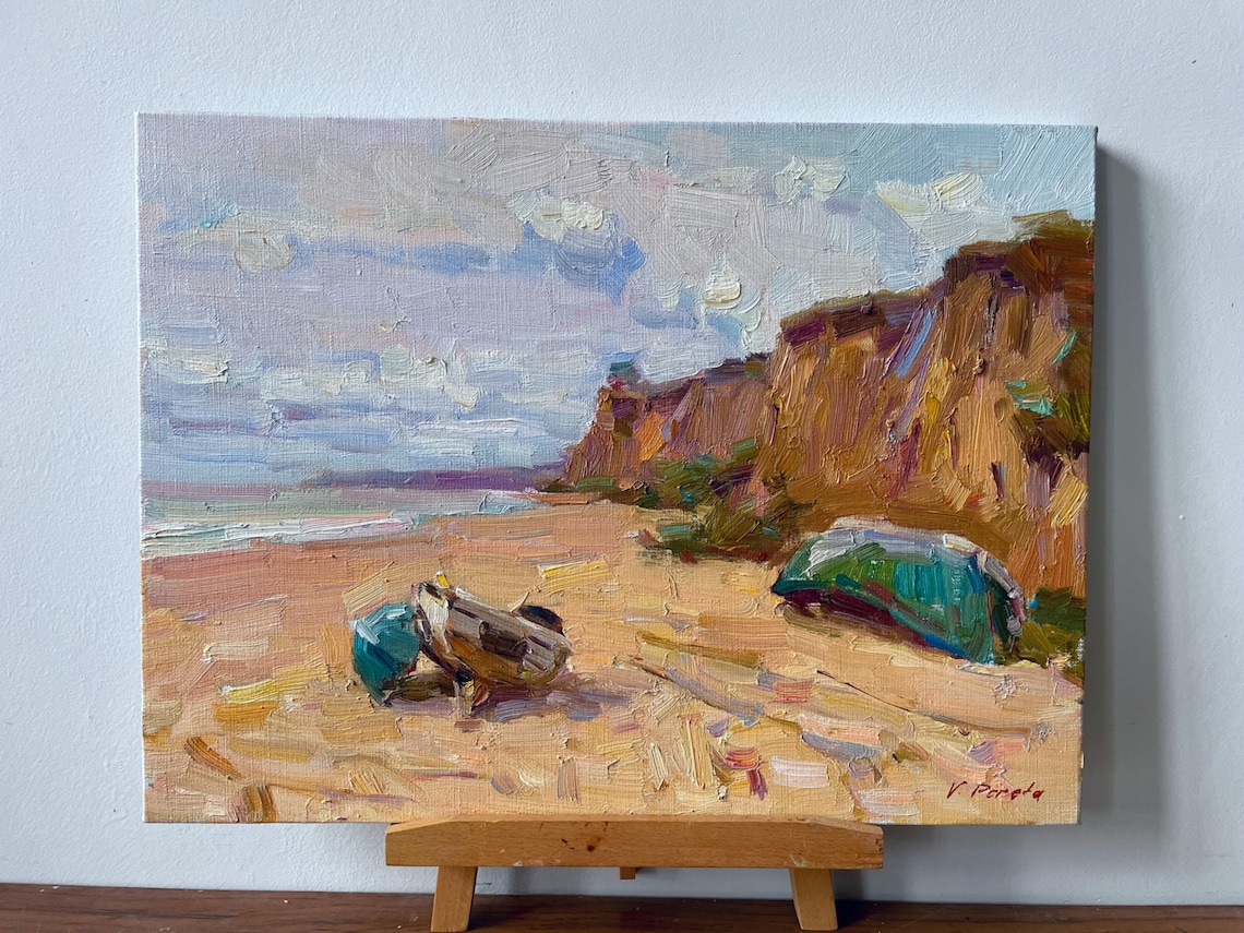 Beach Cliffs Fishing Boats Seaside Impressionist Oil Painting Art
