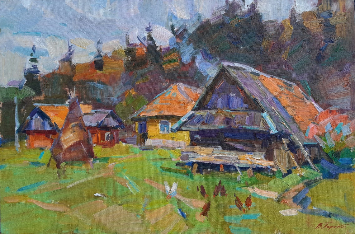 Carpathian Mountain Huts Rustic Village Impressionist Oil Painting Art