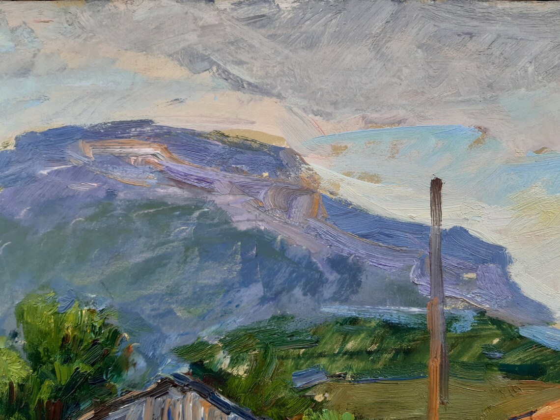 Mountain Village Blue Peaks Rustic Houses Impressionist Oil Painting - Image 4