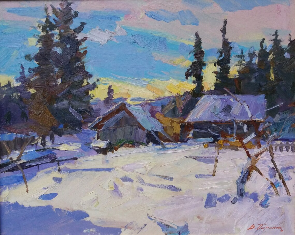 Winter Village Snow Dusk Blue Pink Sky Impressionist Oil Painting Art