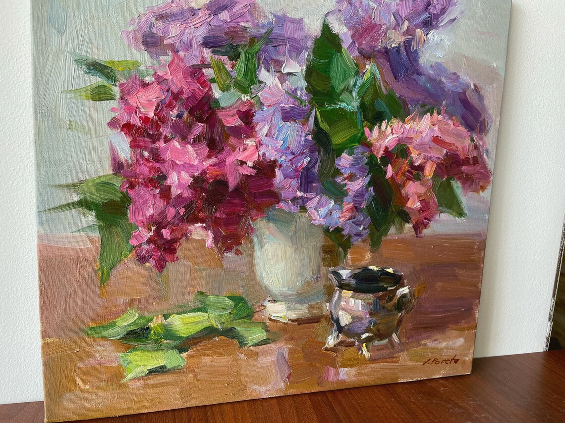 Pink Purple Lilac Bouquet White Vase Impressionist Oil Painting Floral - Image 2