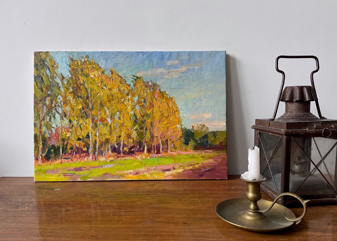 Autumn Birch Grove Golden Meadow Impressionist Oil Painting Landscape - Image 5