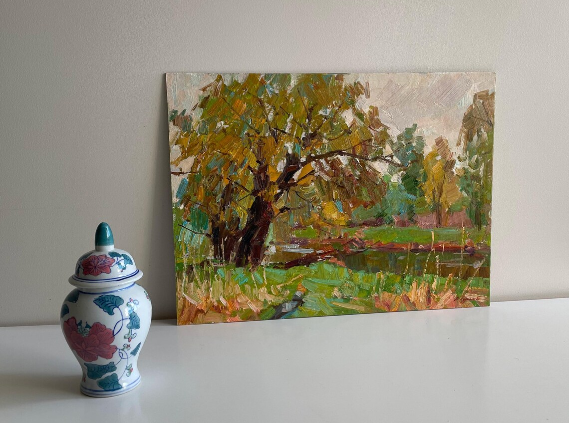 Spring Riverbank Big Tree Green Meadow Impressionist Oil Painting Art - Image 4