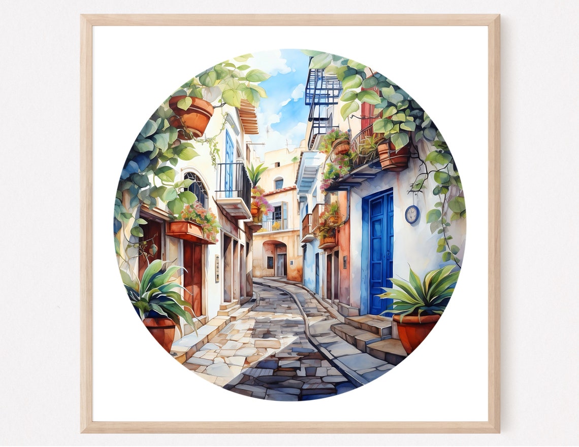 Puerto Rico Old Street Watercolor Circular Cityscape Art Poster