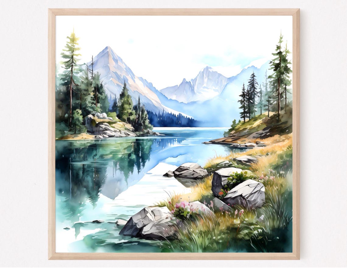Alaska Mountain Lake Watercolor Print Minimalist Nature Art