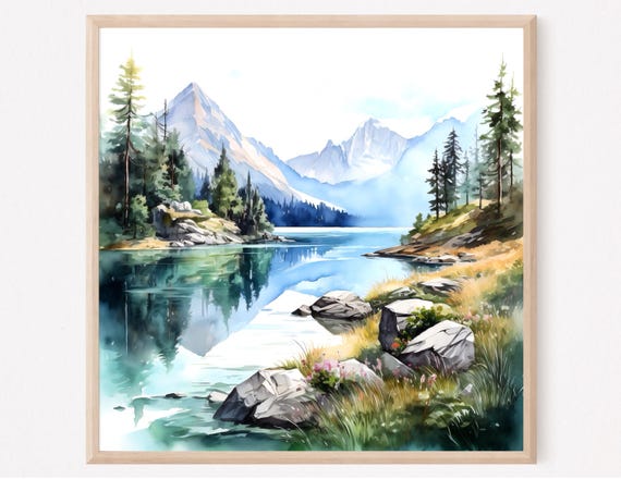 Alaska Mountain Lake Watercolor Print Minimalist Nature Art
