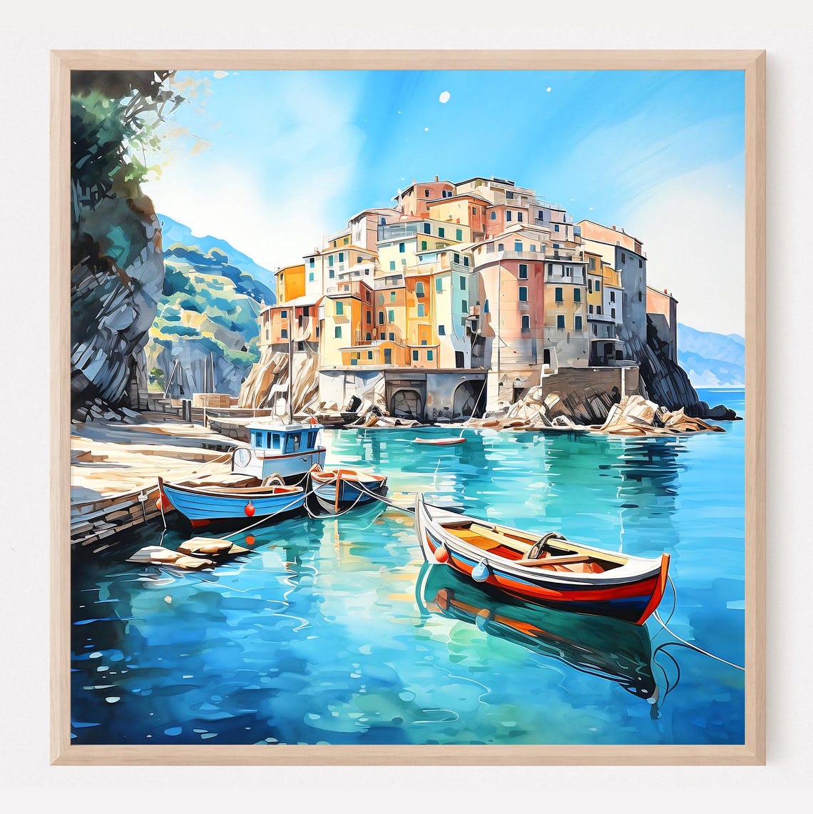 Italian Coastal Village Turquoise Harbor Boats Scene Art Print