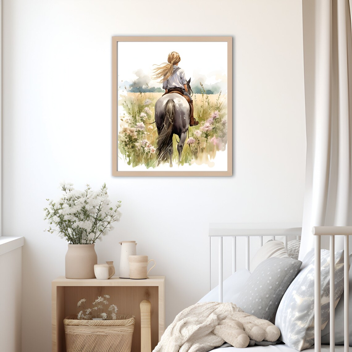 Girl Riding Gray Horse Through Wildflower Meadow Watercolor Wall Art - Image 3