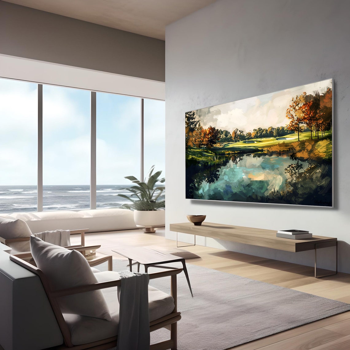 Autumn Golf Course Pond Reflection in Golden Painting Poster - Image 3