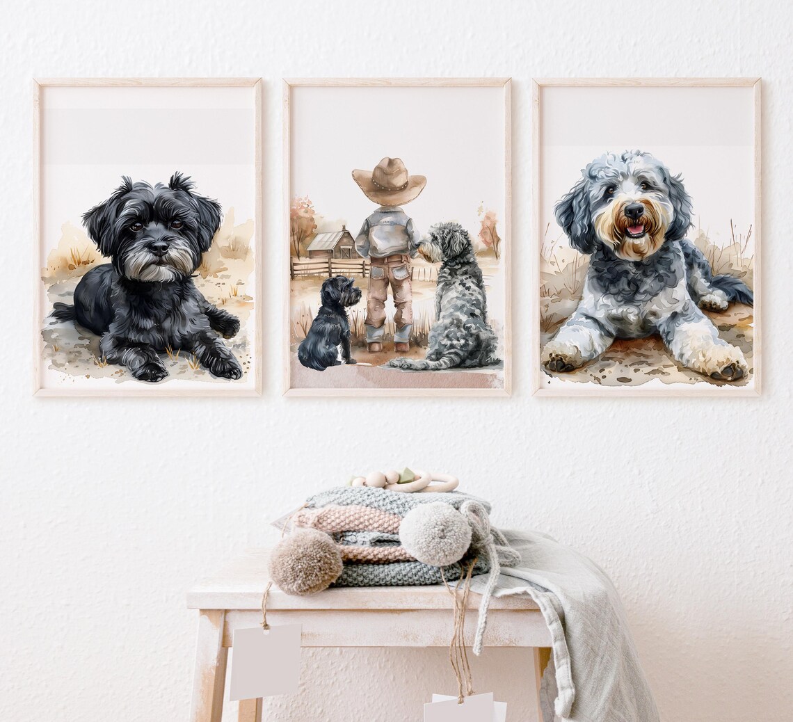 Little Cowboy Boy With Doodle Dogs Farm Watercolor Nursery Poster - Image 3