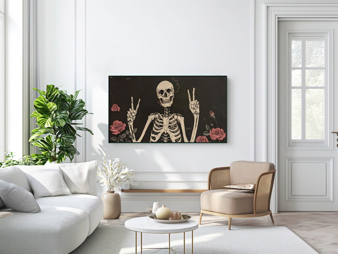 Skeleton Flashing Peace Signs Red Roses Gothic Halloween Dark Art Poster - Image 2
