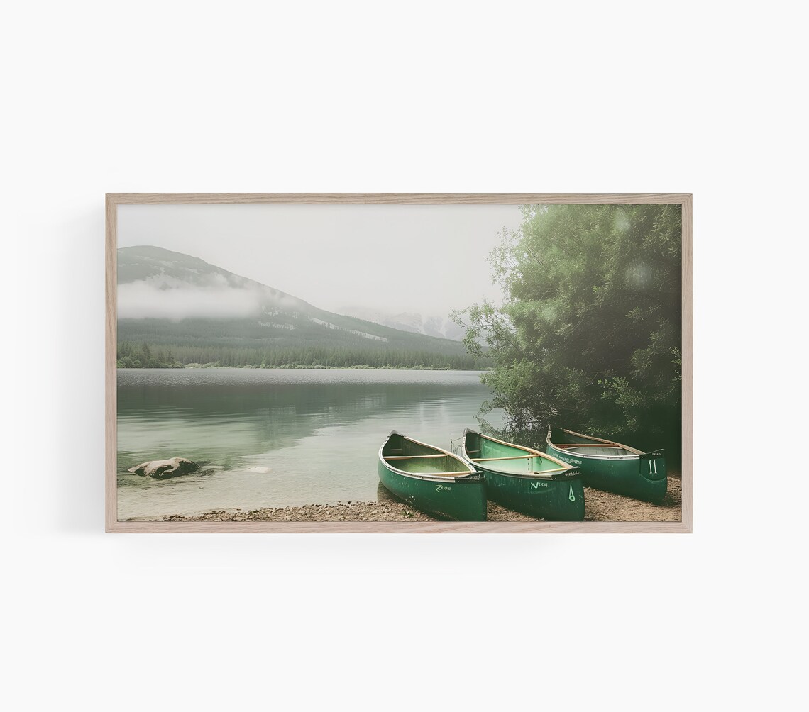 Lake Mountain Canoe Travel Poster, Neutral Landscape