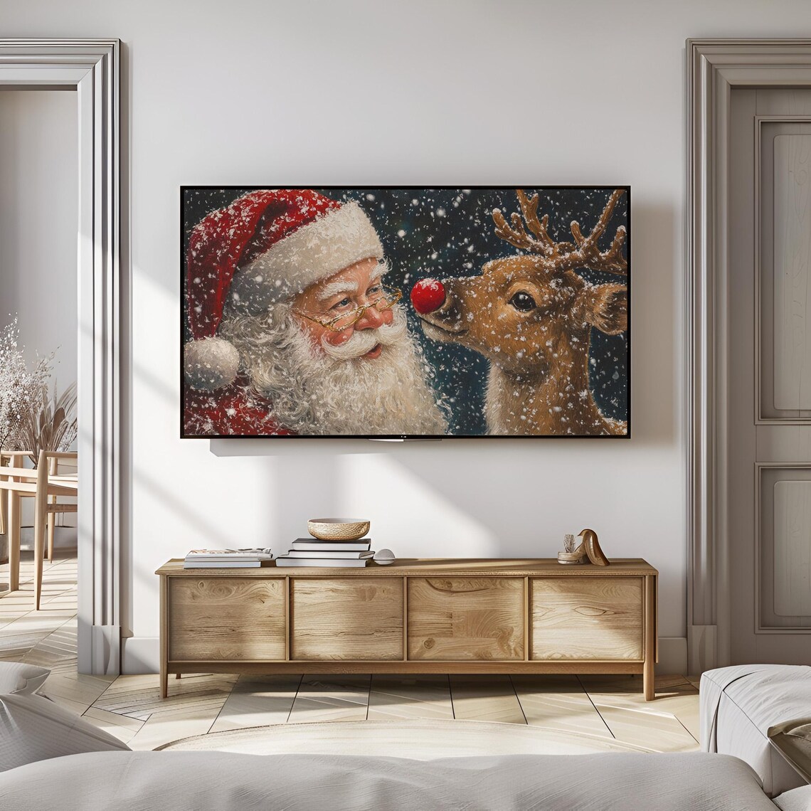Santa Claus And Rudolph Snowy Night Vintage Style Painting Poster - Image 3