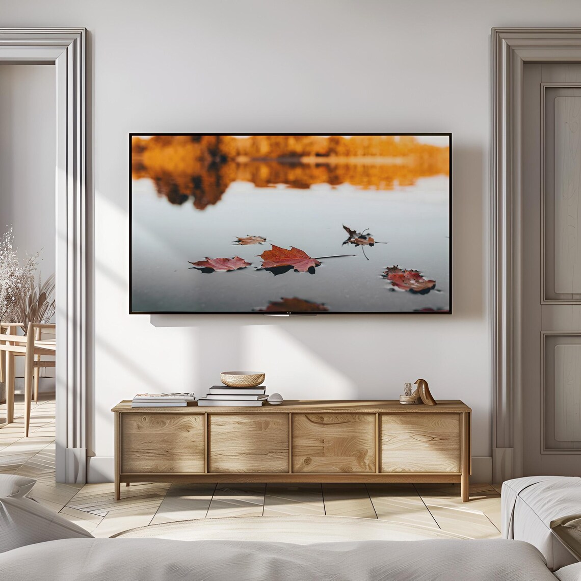 Autumn Leaves Floating On Calm Lake Golden Reflection Fall Nature Photo Poster - Image 3
