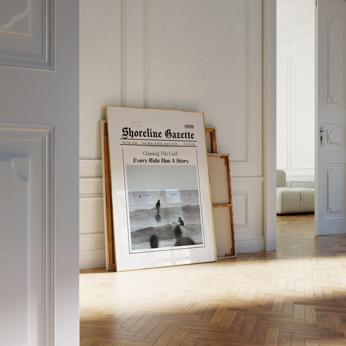 Shoreline Gazette Surfing Newspaper Black and White Surf Poster - Image 2