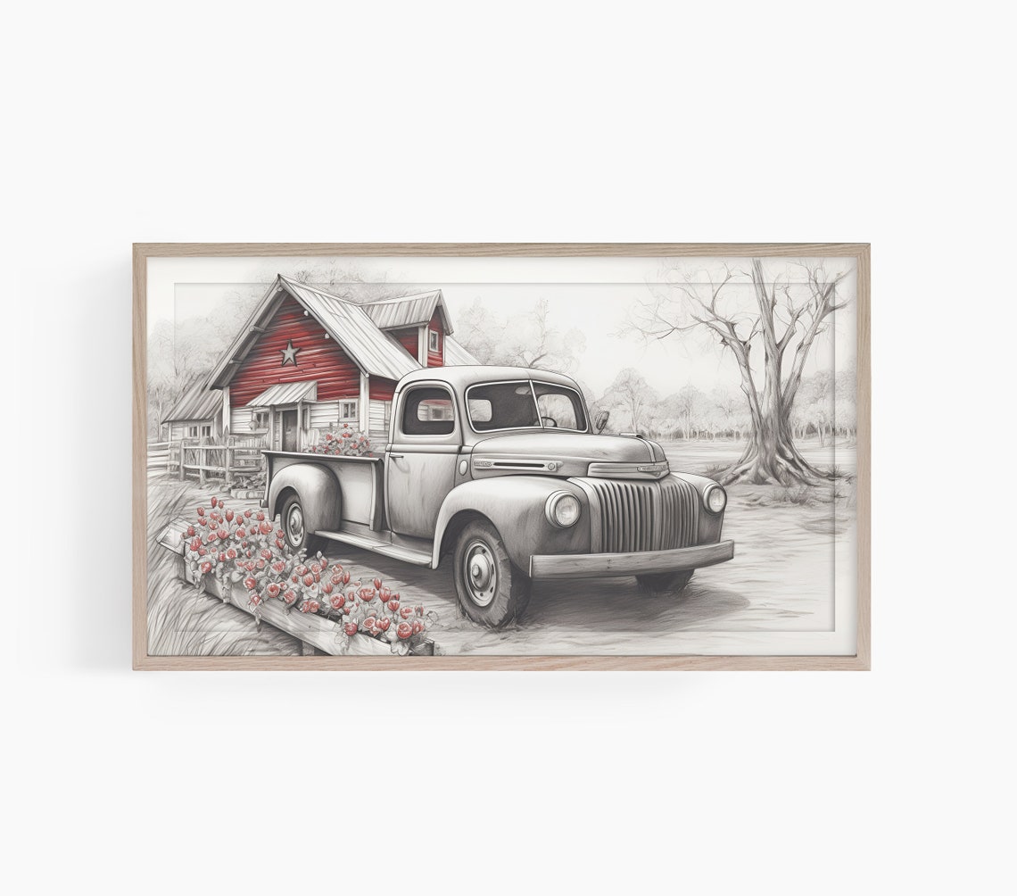 Vintage Farm Truck Red Barn Sketch Roses In Truck Bed Poster