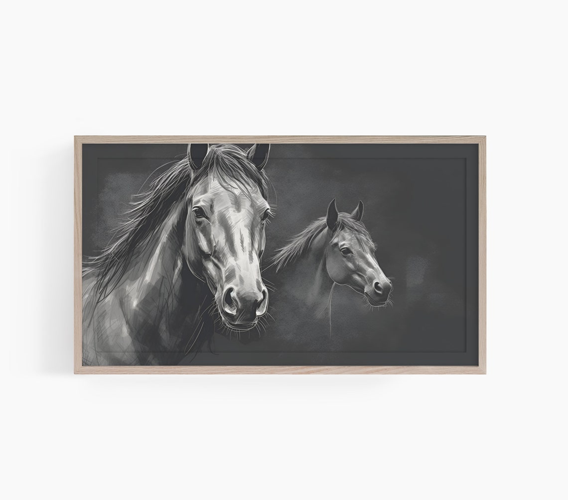 Two Dark Horses Mare And Foal Black Background Equestrian Wall Art