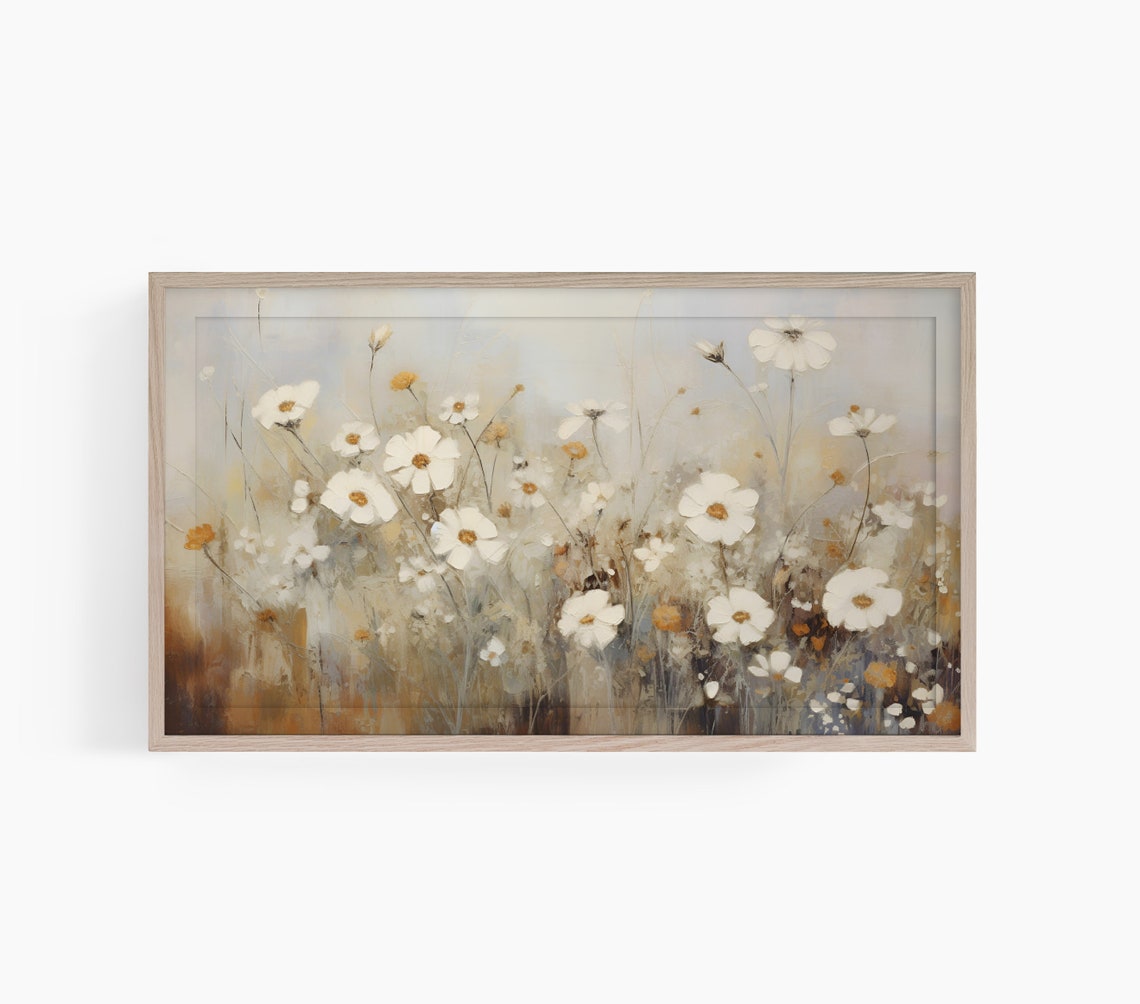 White Daisy Wildflower Field Painting Poster with Warm Amber Tones