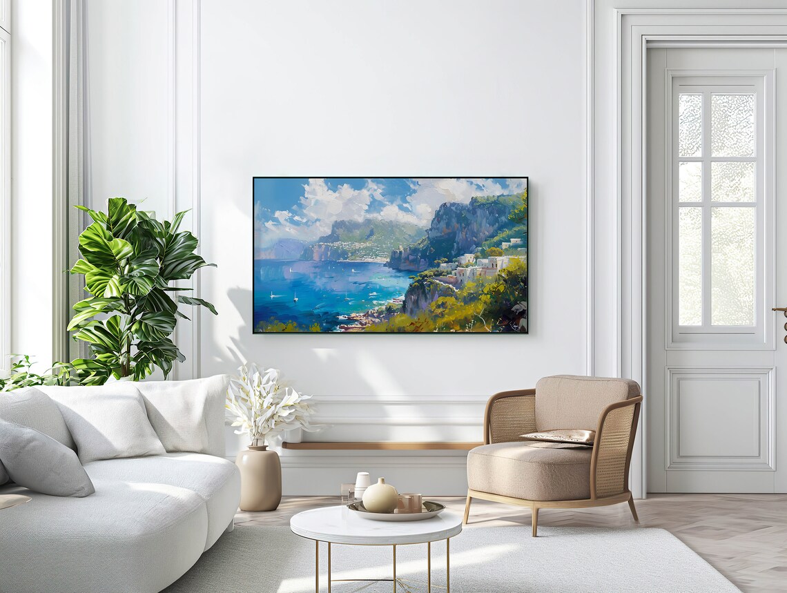 Amalfi Coast Cliffside Village Sparkling Blue Sea Oil Painting Poster - Image 3