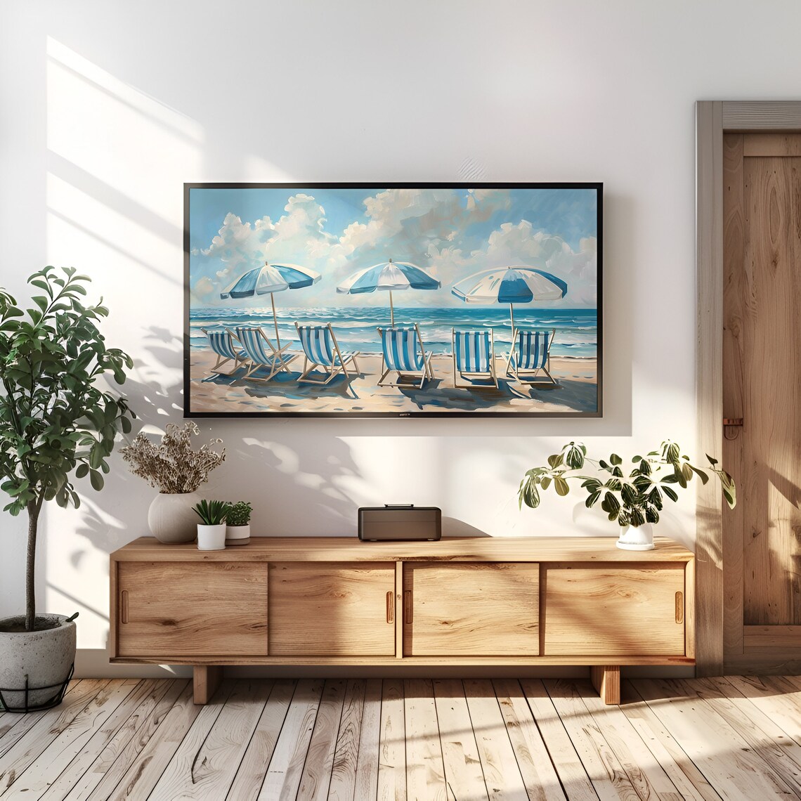 Beach Chairs Blue Striped Umbrellas Ocean Shore Summer Painting Poster - Image 2