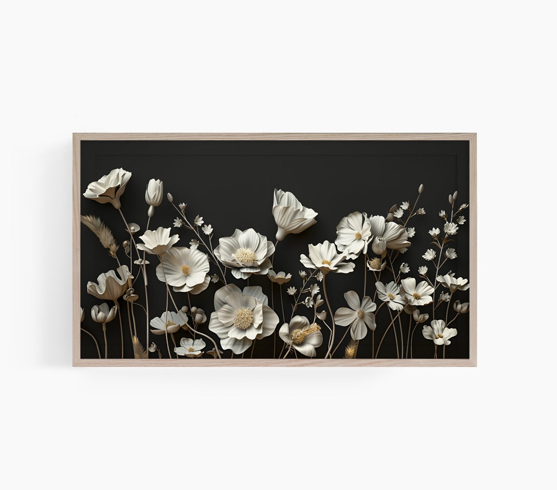 Dark Botanical White Wildflowers Moody Black Floral Wall Decor Poster