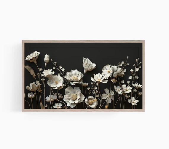 Dark Botanical White Wildflowers Moody Black Floral Wall Decor Poster
