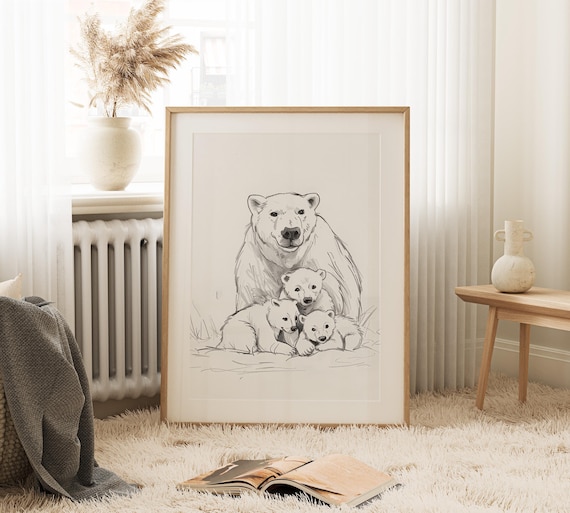 Polar Bear Mother With Three Cubs Pencil Sketch Winter Art Poster