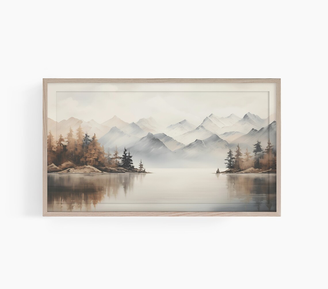 Sepia Tone Mountain Lake Pine Forest Watercolor Landscape Poster