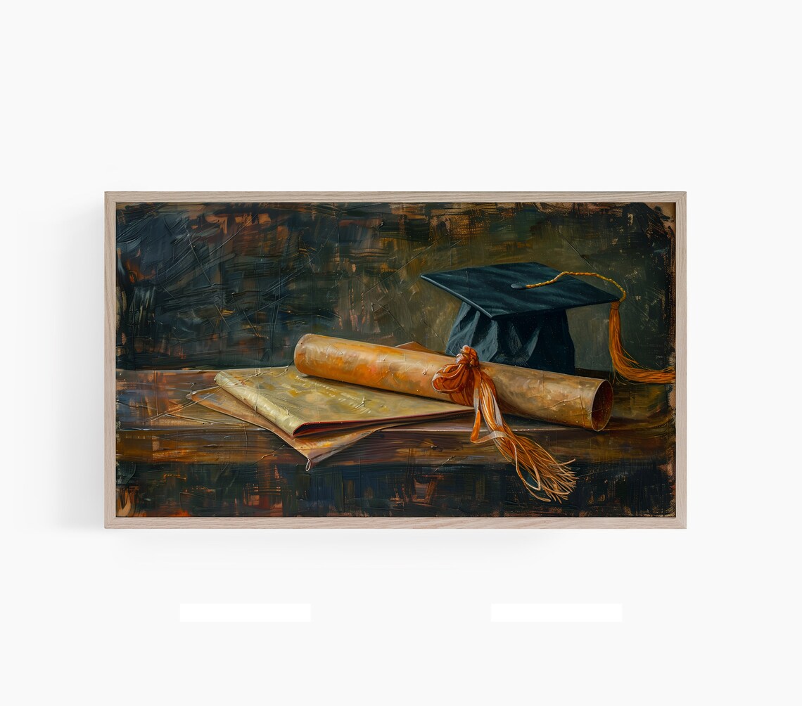 Graduation Cap Diploma Scroll Dark Moody Oil Painting Art Poster
