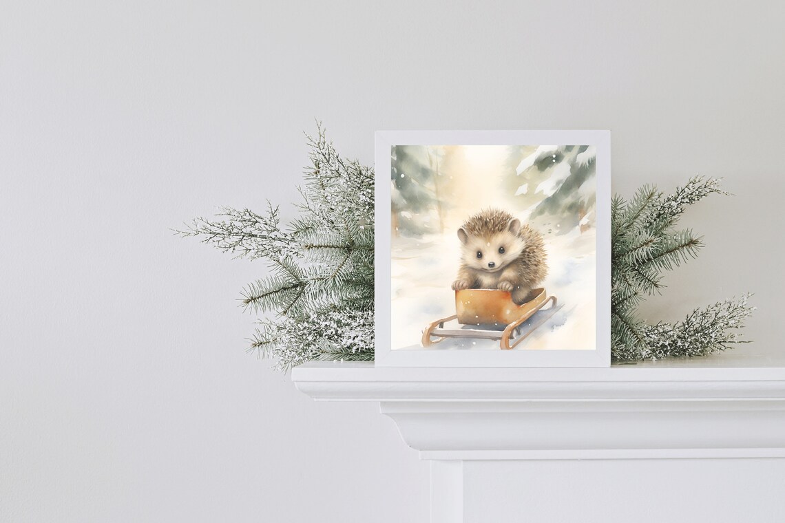 Woodland Animals Sledding In Snow Nursery Watercolor Wall Art - Image 2