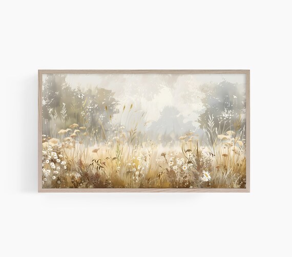 Beige Daisy Meadow Misty Wildflower Field Vintage Art Poster
