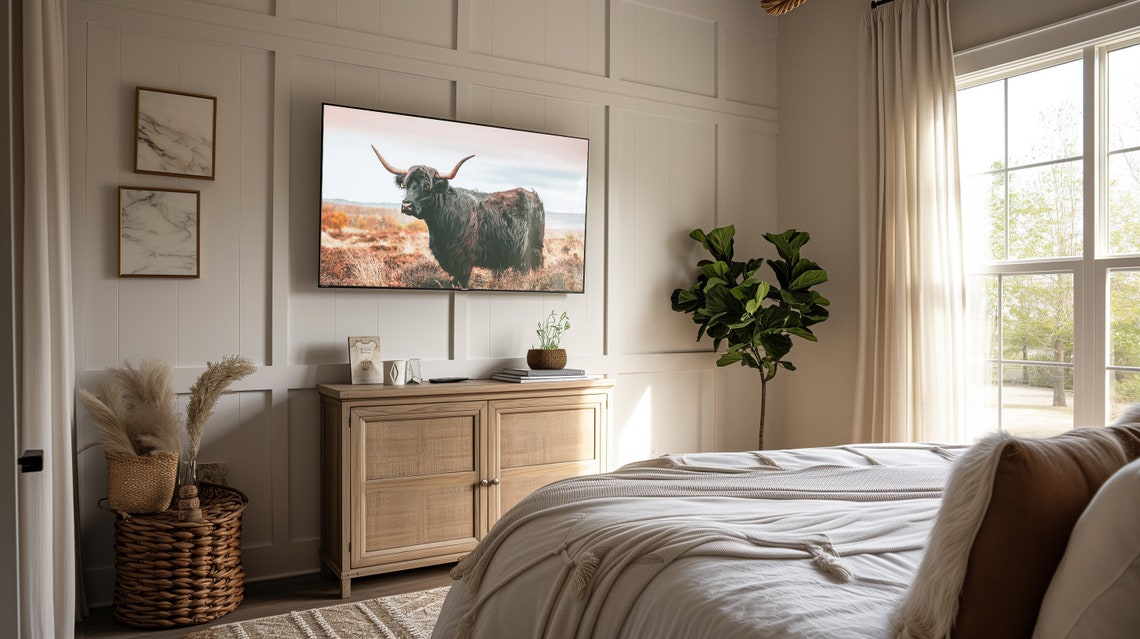 Black Highland Cow with Long Horns in an Autumn Heather Field Poster - Image 2