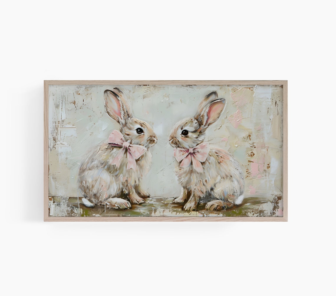 Two Bunnies Pink Bows Vintage Spring Rabbit Gift Painting Wall Art