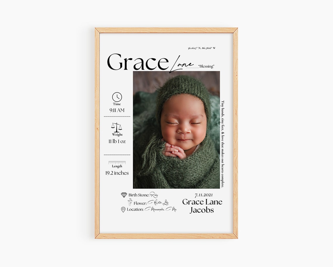 Grace Lane Jacobs Newborn Birth Stats Green Nursery Art Poster