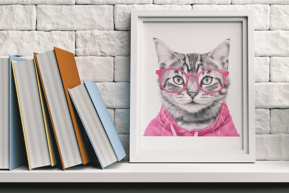Funny Tabby Cat in Pink Glasses and Hoodie Animal Photo Poster - Image 2