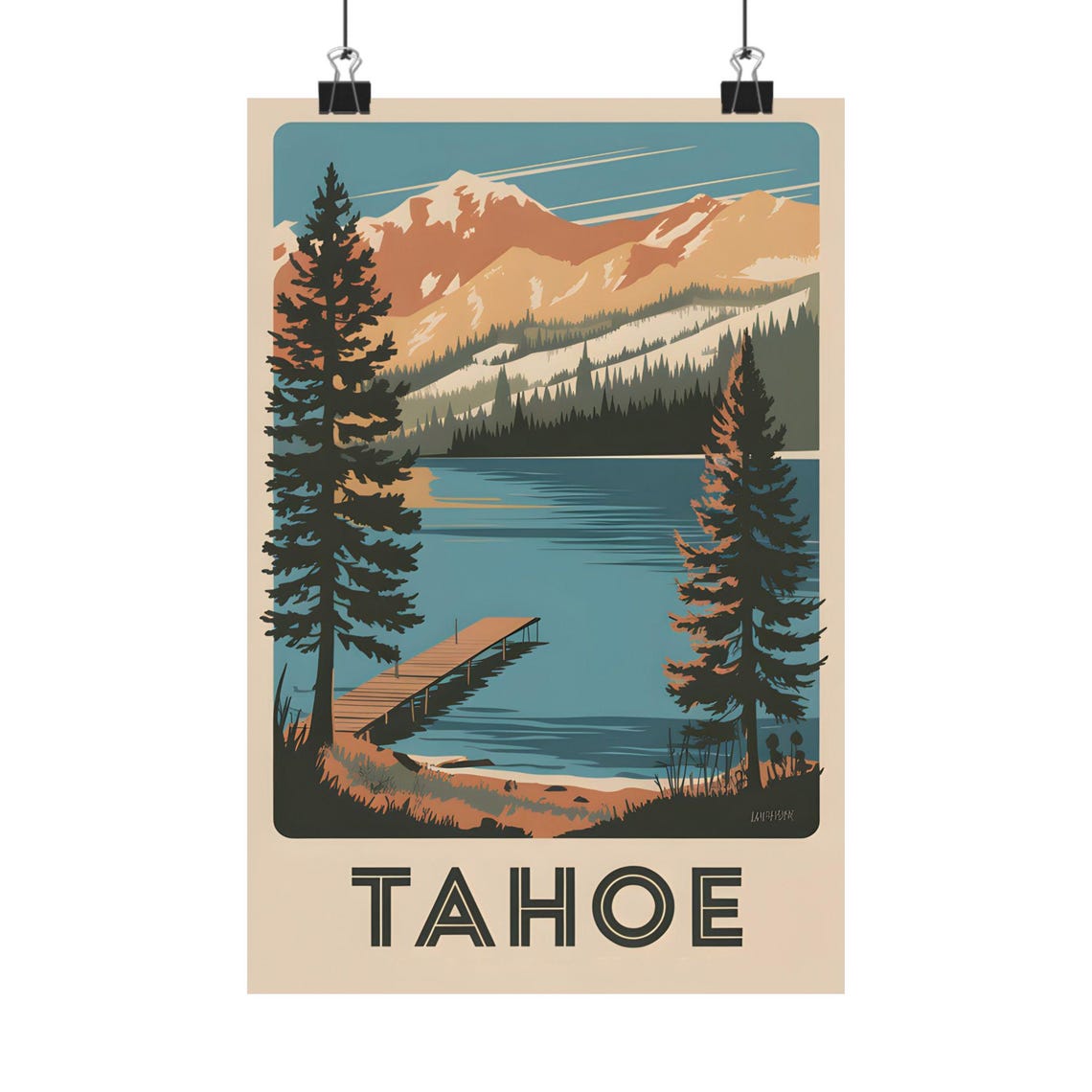 Lake Tahoe Scenic Dock Pines Snowy Peaks Retro Travel Poster