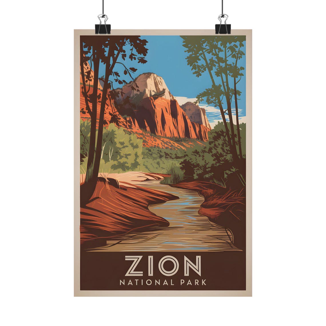 Zion National Park Vintage Poster Red Rock Cliffs River Canyon Scene