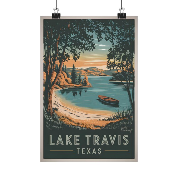 Lake Travis Texas Vintage Poster Canoe Lakeside Sunset Serene Nature Scene