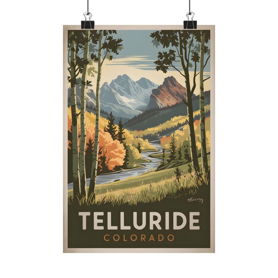 Telluride Colorado Autumn Aspen River Mountain Vintage Travel Poster