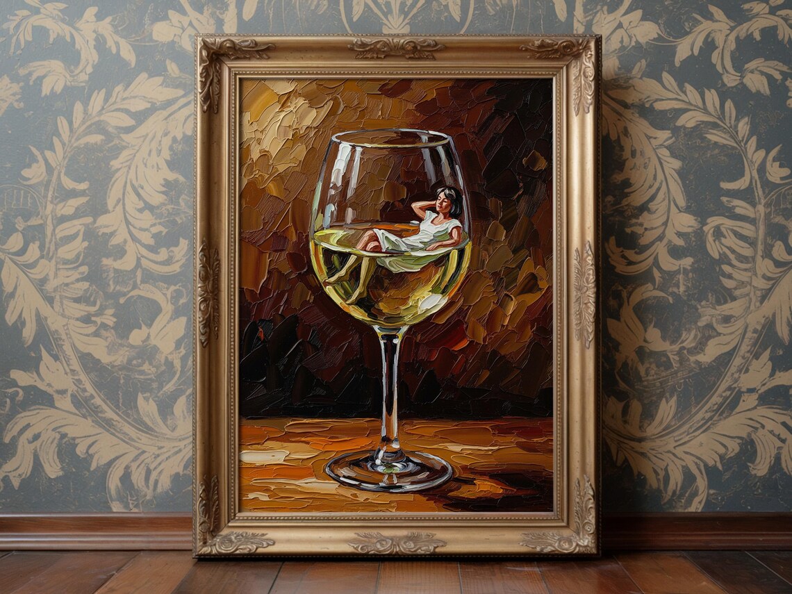 Woman Reclining in Giant White Wine Glass Impasto Painting Wall Art