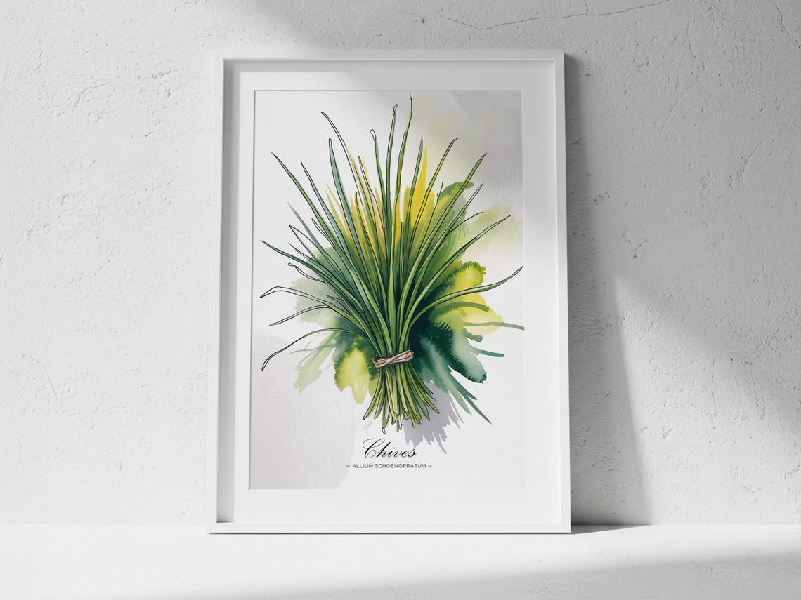 Chives Watercolor Botanical Herb Bundle Art Print Kitchen Decor