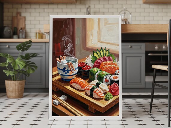 Woman Bathing in Soup Bowl on Sushi Platter Impasto Painting Wall Art