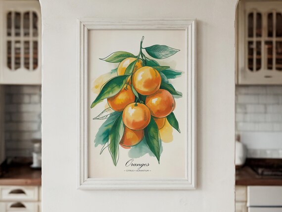 Orange Citrus Branch Botanical Watercolor Print Kitchen Fruit Decor