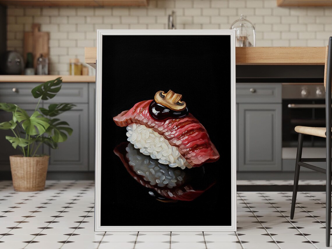 Seared Steak Nigiri Sushi Impasto Oil Painting Gourmet Kitchen Poster